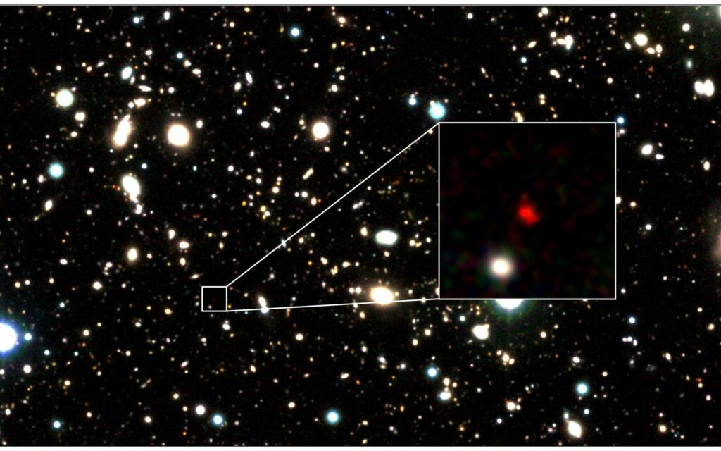 Un zoom montrant HD1 en fausse couleur. © Harikane et al., Nasa, EST and P. Oesch/Yale.