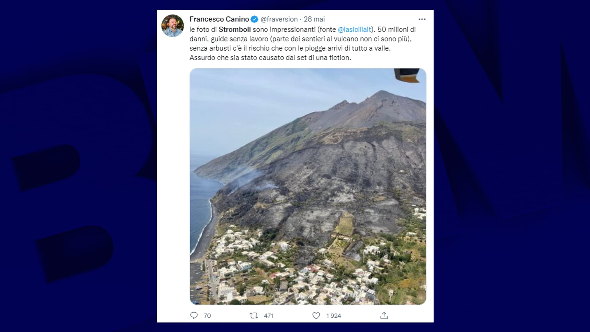 the island of Stromboli ravaged by a fire probably started for the filming of a series